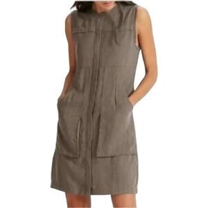 NAU Utility Sleeveless Mini Dress Pockets Crew Neck Button Up Linen Brown M